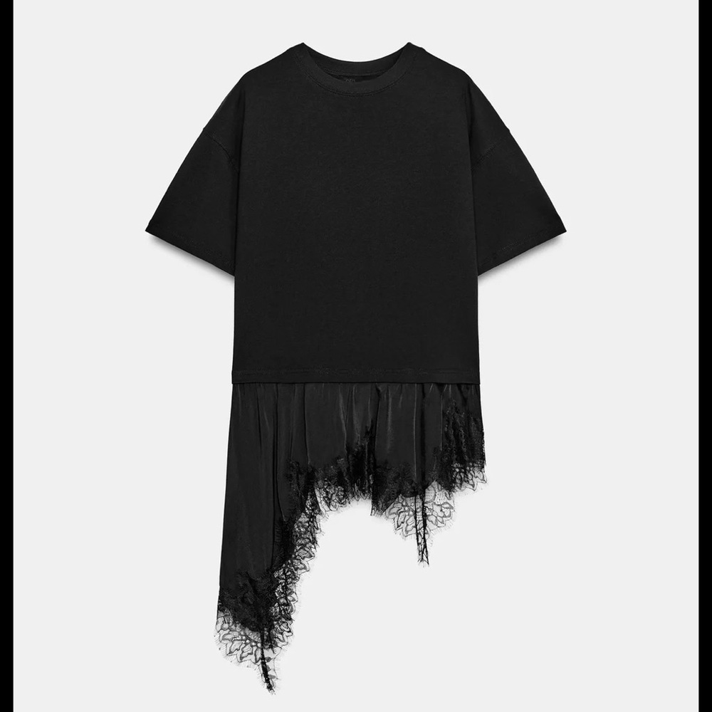 Zara Combination Black Shirt Lace-Hem Short Sleeve Top - Picture 4 of 5